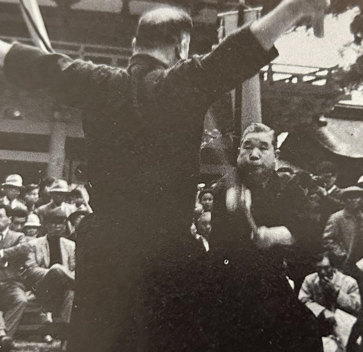 Shimizu Takaji Sensei and Kuroda Ichitaro Sensei during an Enbukai at Katori Jingū, April 14, 1966 (Shōwa 41).